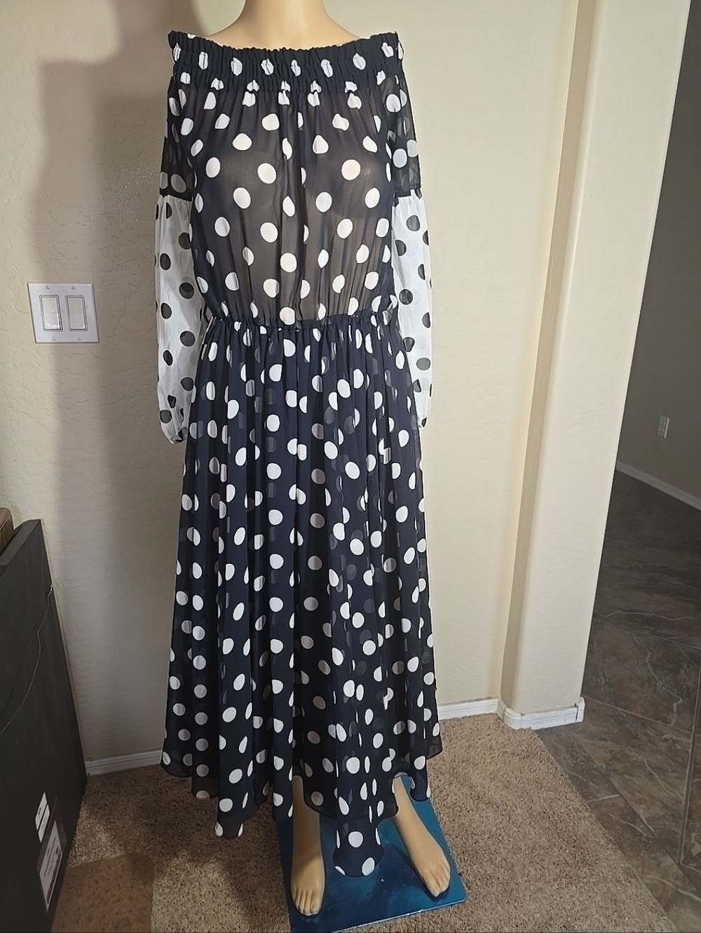 Anouki Polka Dot Off-Shoulder Sheer Maxi Dress - Blue & White With Liner Size 4